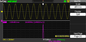 Even 145.520 MHz doesn't seem to be a problem for the 60 MHz version of the LeCroy WaveAce 1002 oscilloscope. The scope was loosely coupled to the signal source using an antenna.