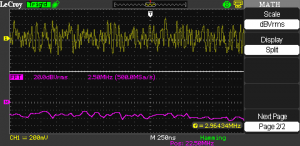 A bunch of noise from a noise generator. Top: View in the time domain, Bottom: Simultaneous view in the frequency domain