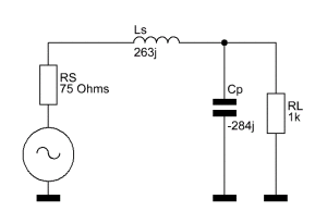 L-Network matching 75 Ohms source impedance to 1000 Ohms load impedance