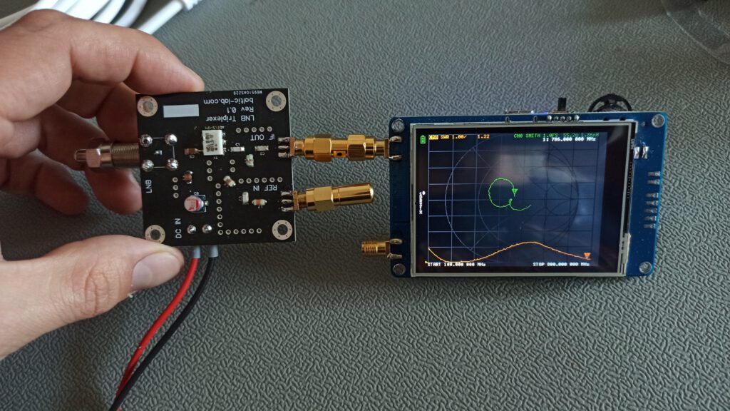 Nano VNA used to verify the port characteristics of the IF port. The LNB port and the reference clock port are properly terminated with a 75 Ohm (LNB) and 50 Ohm load (reference clock). 