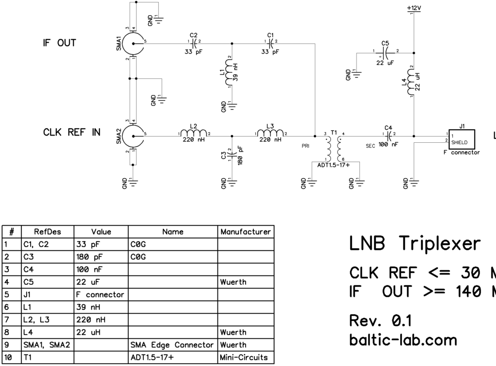 Schematic of the LNB Triplexer (Diplexer with integrated Bias-T) for use in QO-100 reception and X-band microwave receive setups. 