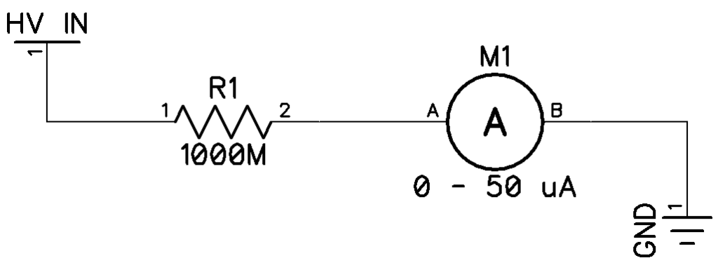 High voltage measurement set-up using a 1 Gigaohm resistor and a 0 to 50 μA ammeter