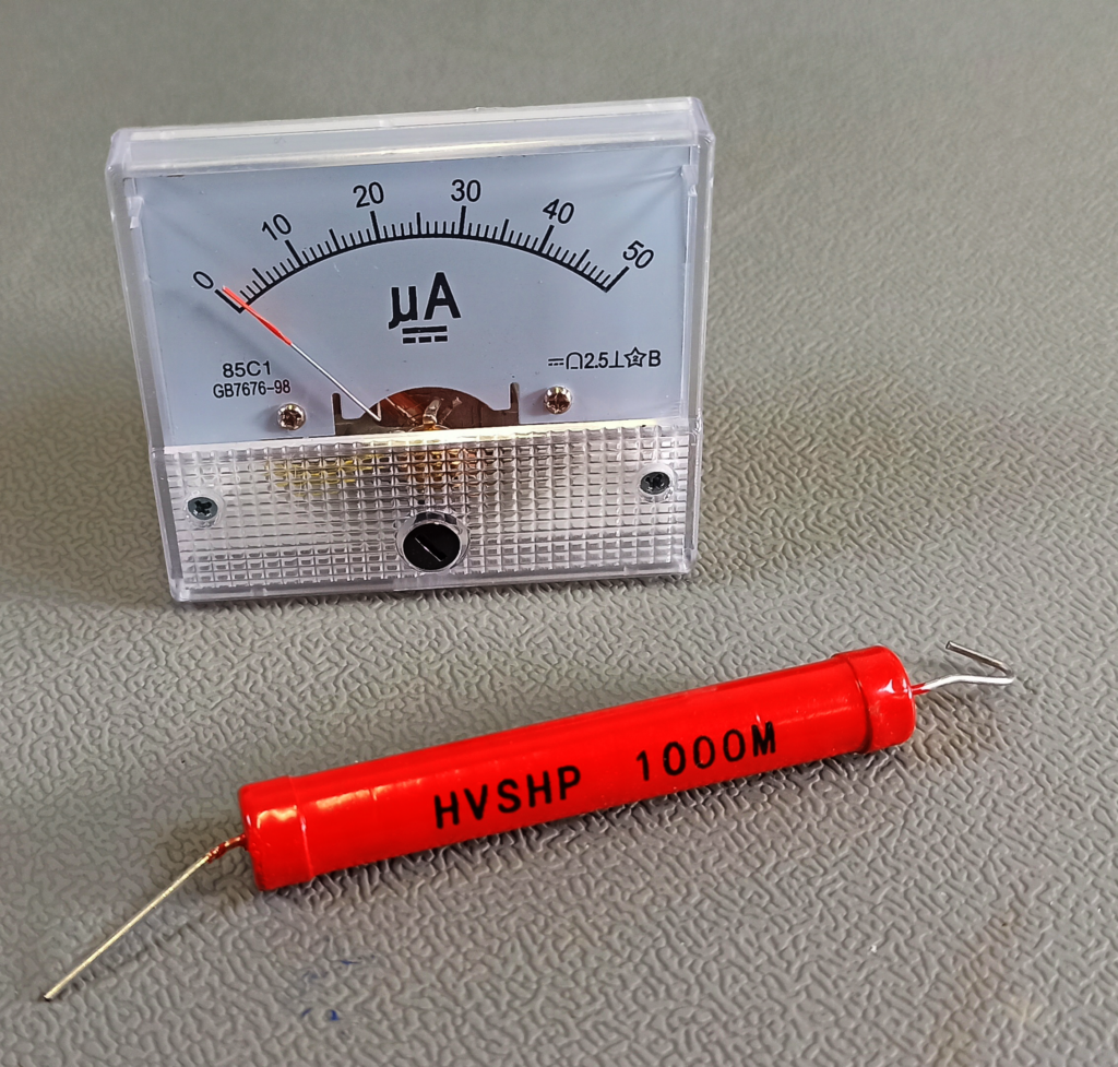 A 1 Gigaohm resistor and a 0 - 50 µA Ammeter suitable for measuring voltages up to 50 kV